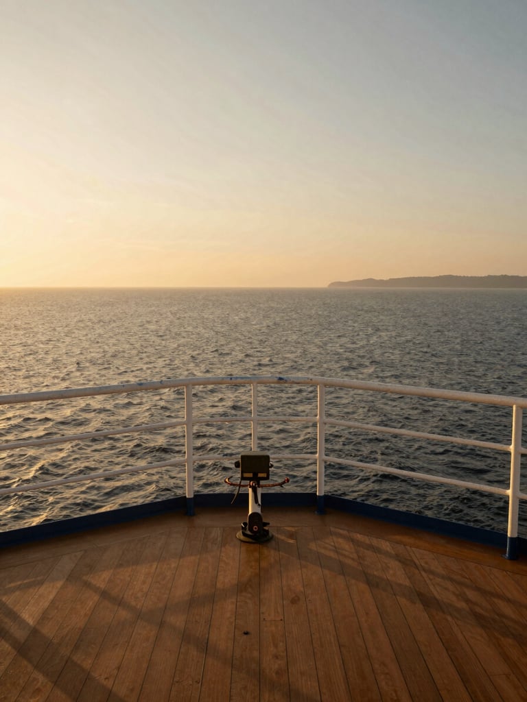 Wide panoramic view from a ship's open deck railing at golden hour, the bow cutting across calm open ocean toward a distant coastline, warm amber light across the deck planking, no people visible — pure environmental scale