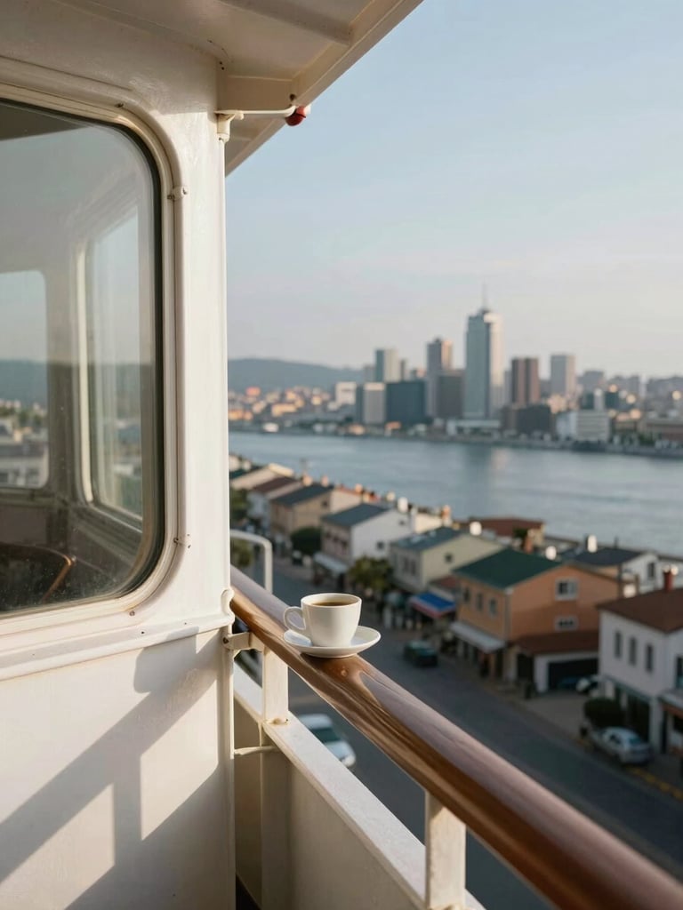 Close editorial shot from a ship's private veranda, morning coffee cup on the railing ledge, a sun-drenched port city visible below in soft focus, natural window light, wide landscape framing with the city anchored to the right third