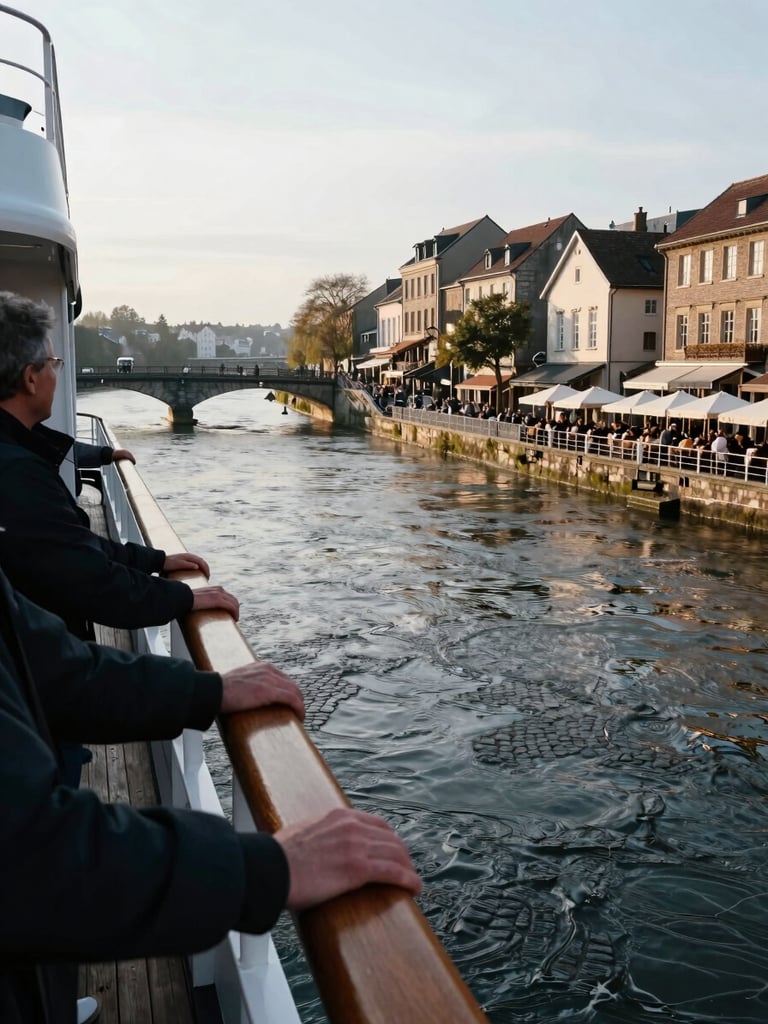 Close environmental frame from a river cruise ship's open deck — a traveler's hands resting on a wooden railing, a cobblestone port town rising directly from the waterfront in soft morning light, stone bridges and café umbrellas visible at human scale