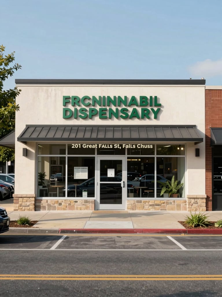 Wide environmental shot of the Professional Cannabis Dispensary storefront at 201 Great Falls St, Falls Church — taken straight-on from the sidewalk in clear daylight, the full building facade visible with signage readable, parked cars and street trees providing neighborhood context, no pedestrians or customers in frame