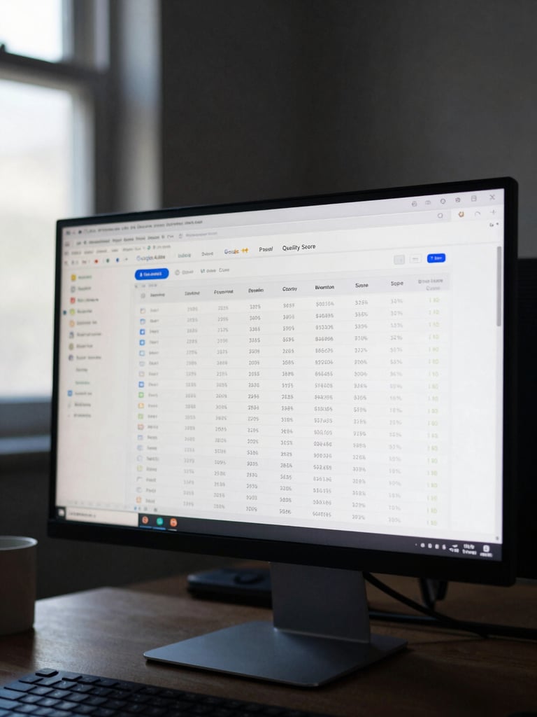 Medium shot of a desktop monitor displaying a Google Ads account interface — conversion columns and Quality Score metrics in focus, cool daylight from a window to the left, dark background, no people, data rows clearly legible