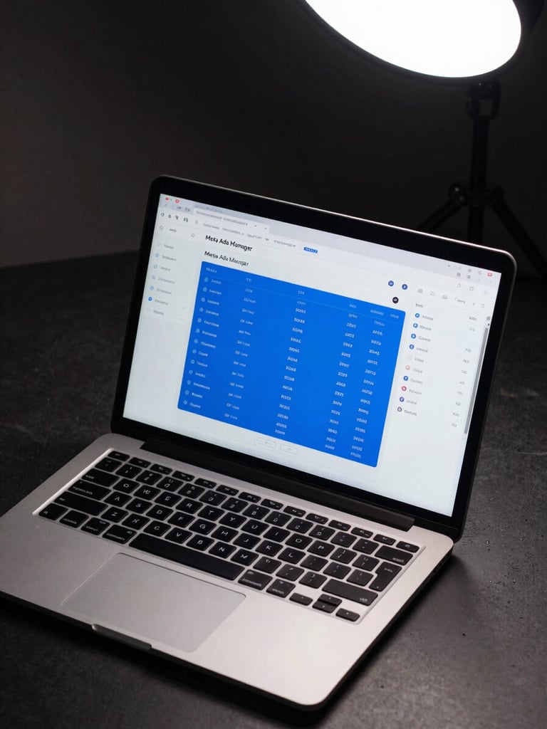 Close overhead shot of a laptop screen displaying a live Meta Ads Manager dashboard — campaign ROAS columns highlighted in blue, CTR and spend metrics visible, cool studio light from above, dark desk surface, no human subjects