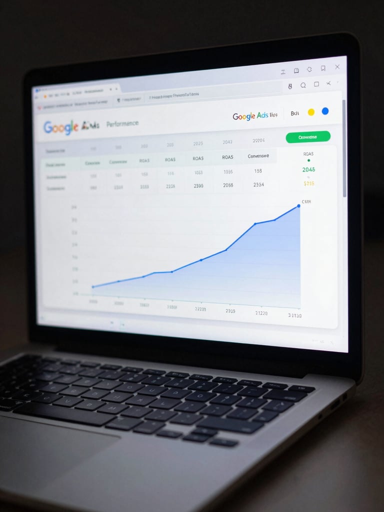 Close-up of a laptop screen showing a live Google Ads performance dashboard with ROAS metrics, conversion columns, and a rising CTR graph, cool studio lighting, screen glow dominating the frame, dark background
