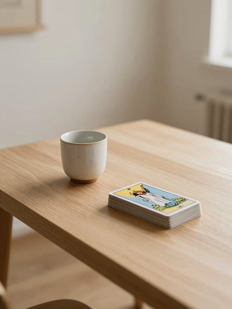 A minimalist, sunlit therapy room with a light oak desk, a delicate ceramic cup, and a stack of tarot cards, warm natural daylight, serene atmosphere