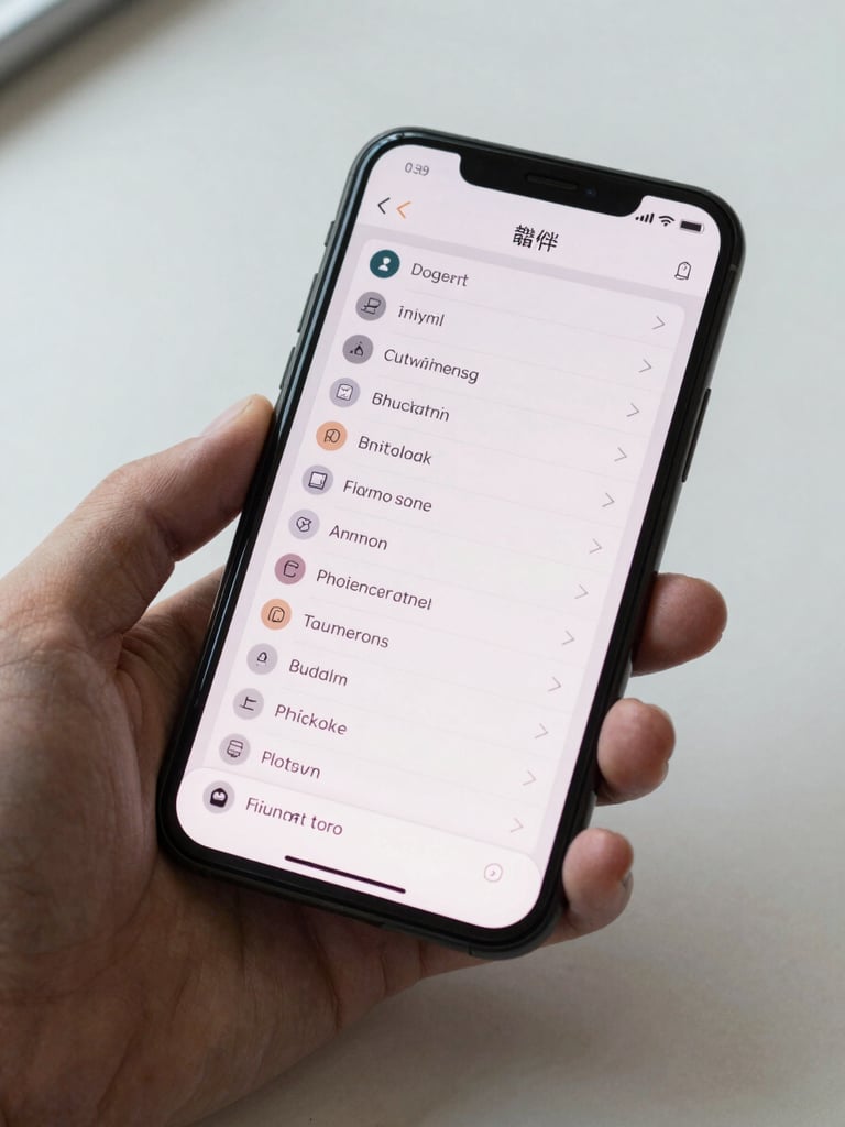 Close-up of an Android device screen displaying a clean, well-structured app interface with readable list items, held in one hand on a plain white desk under bright neutral studio light — screen detail sharp, background minimal