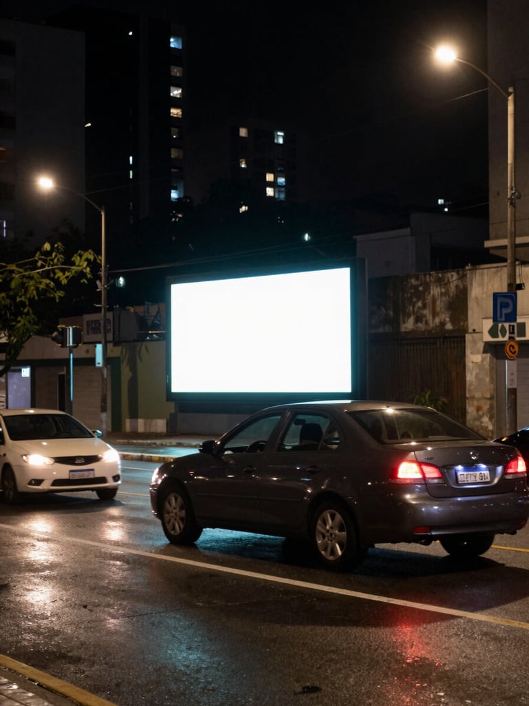Wide shot from street level in Fortaleza at night, a dark sedan moving through urban traffic, a bright digital advertising screen mounted on its rear window glowing green-white against the dark city backdrop, streetlights reflected on wet asphalt, high contrast