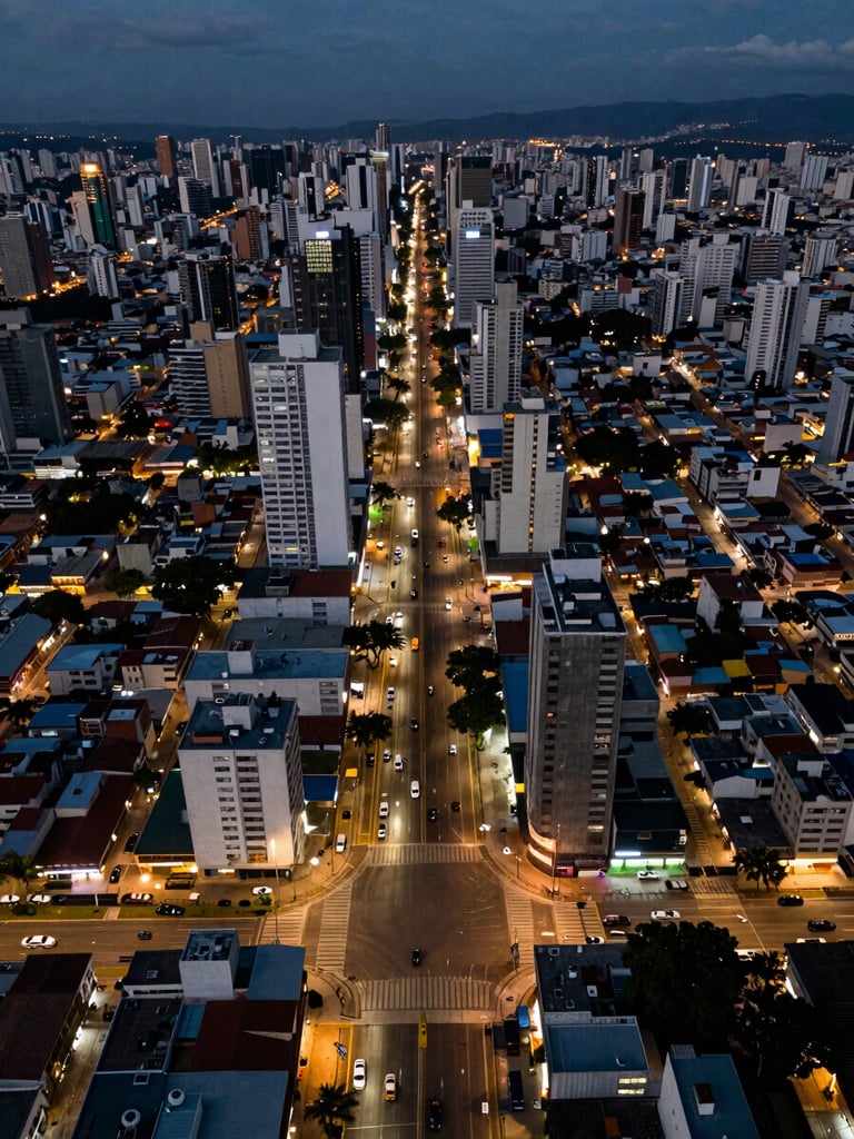 Aerial view of Fortaleza urban grid at dusk, multiple vehicles visible on wide avenues, city lights beginning to activate, high contrast between dark asphalt and illuminated intersections, cinematic wide frame with horizon visible