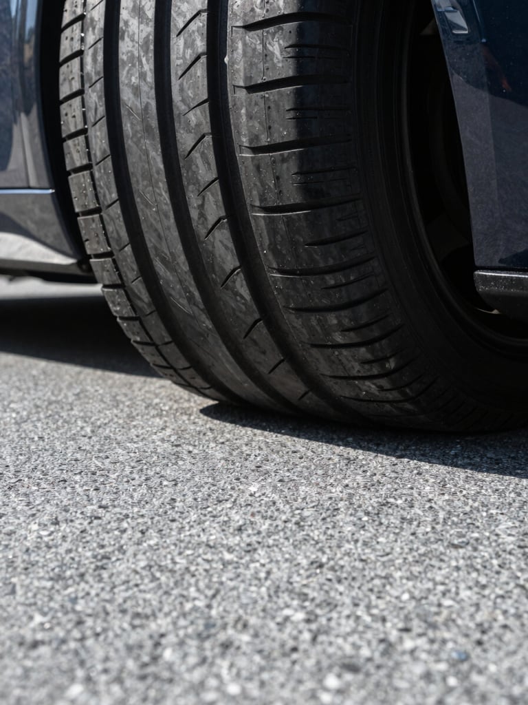 Extreme close-up of a premium sports car tire resting on a glossy grey polyurea flake floor, dramatic low-angle lighting reflecting off the textured surface, crisp details.