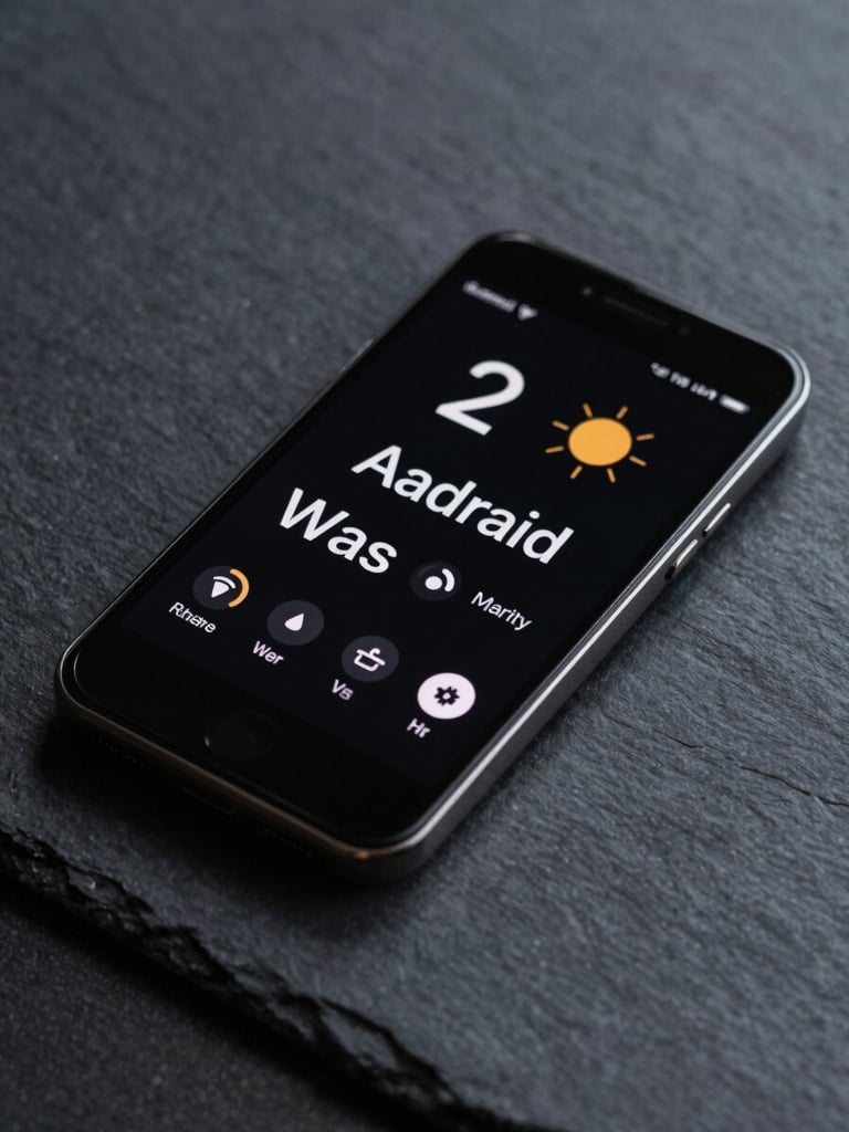 Stark studio lighting on a realistic Android device screen displaying a clean, minimalist weather widget with high-contrast typography, resting on a dark slate surface.