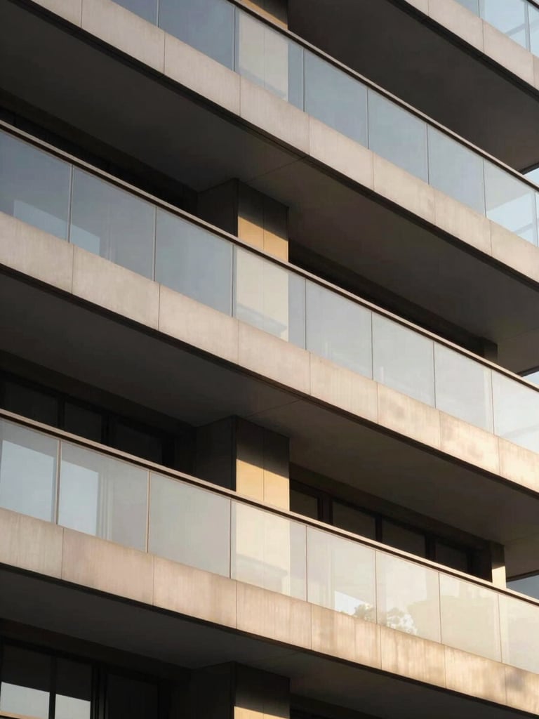 Geometric architectural close-up of a premium residential facade, clean structural lines, warm natural morning light reflecting off high-end materials, soft shadows, editorial minimalism.