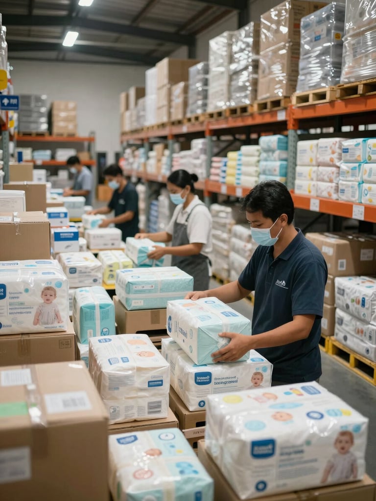 Wide environmental shot of a clean, highly organized modern warehouse in Jakarta with staff carefully packing premium baby products under soft diffused lighting.