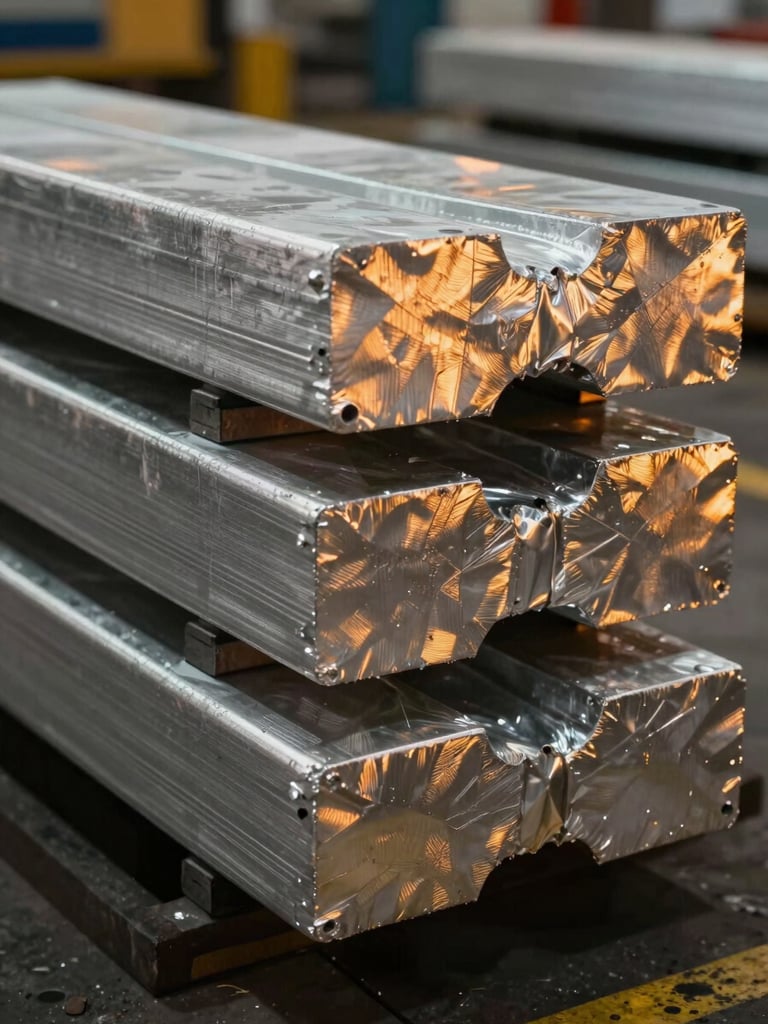 Extreme close-up of stacked aluminum ingots on a production floor, tungsten lighting casting warm amber highlights across the textured metallic surfaces, industrial facility visible in soft focus behind