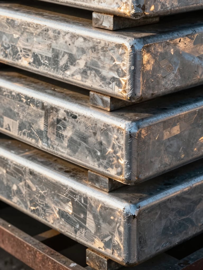 Extreme close-up of stacked aluminum ingot surfaces under north-facing daylight, grain texture and metallic sheen clearly visible, slight amber warmth from ambient tungsten, industrial setting implied by concrete edge in lower corner