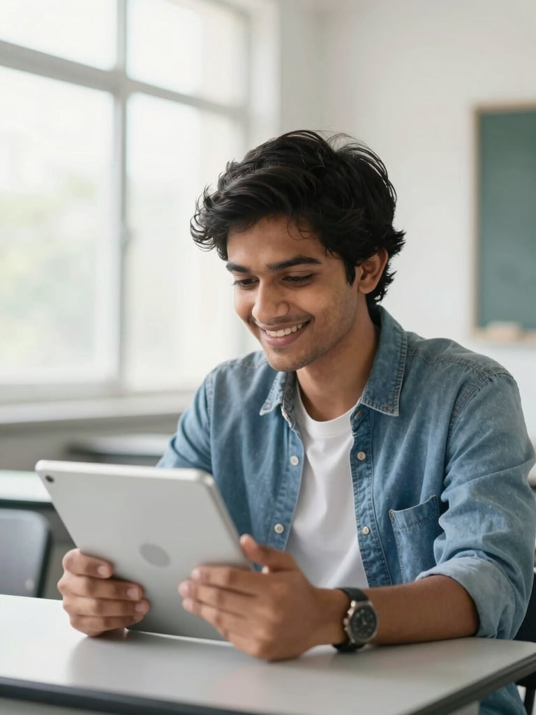 Bright, high-key portrait of an Indian student smiling while using a digital tablet in a clean, modern classroom with soft natural window light.