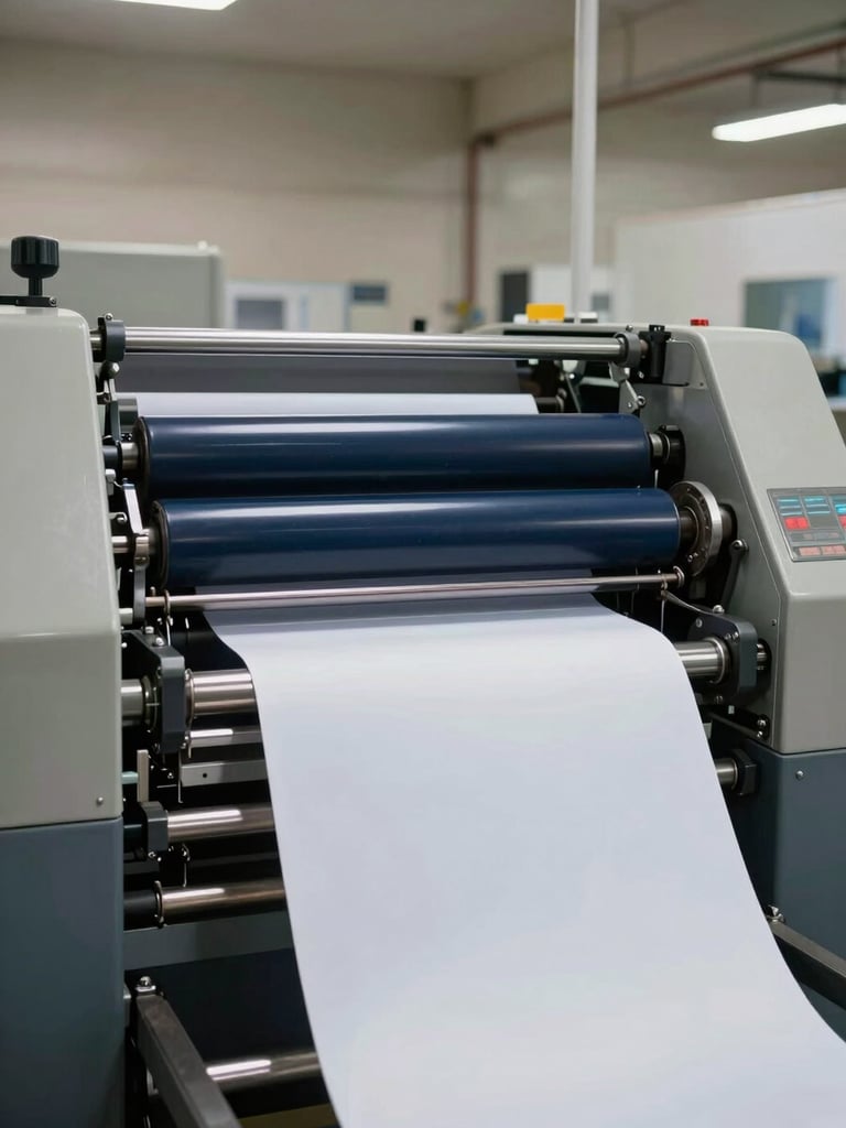 Wide shot of an industrial offset printing press in full operation, deep navy ink rollers turning, paper sheets feeding through in a production floor with high ceilings and neutral factory lighting, no people visible, machinery framing left edge of frame