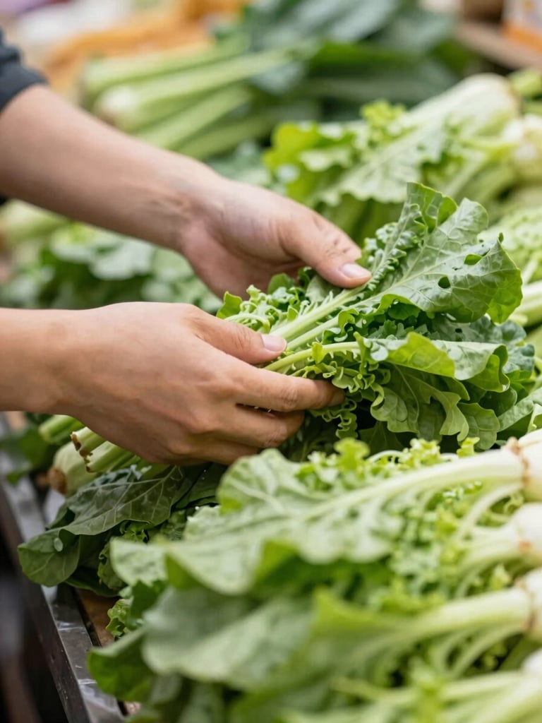 Close-up of hands carefully inspecting fresh, green leafy vegetables in a market, soft natural side-light, rich organic tones, shallow depth of field, 35mm, portrait aspect.