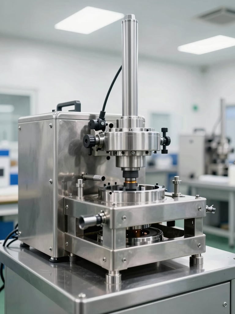 Bright clean factory setting with stainless steel machinery, high-key studio lighting, precise mechanical parts