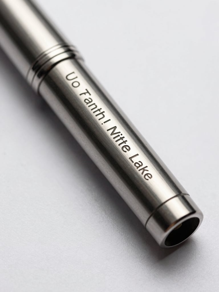 Close-up overhead flat-lay of a laser-engraved pen barrel showing sharp engraved text with name and title, polished metal surface reflecting neutral studio light, white background, zero clutter