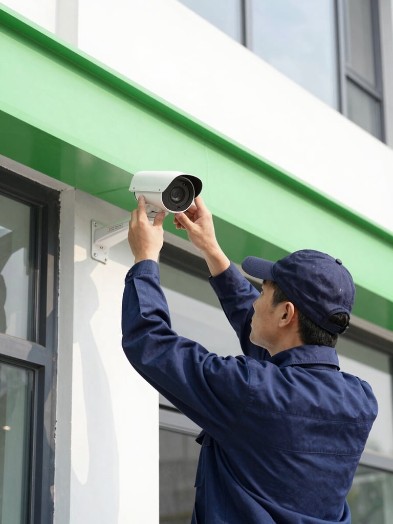 Technician mounting a high-definition CCTV camera on a modern commercial facade, bright natural daylight, crisp navy and green accents, sharp focus, 35mm