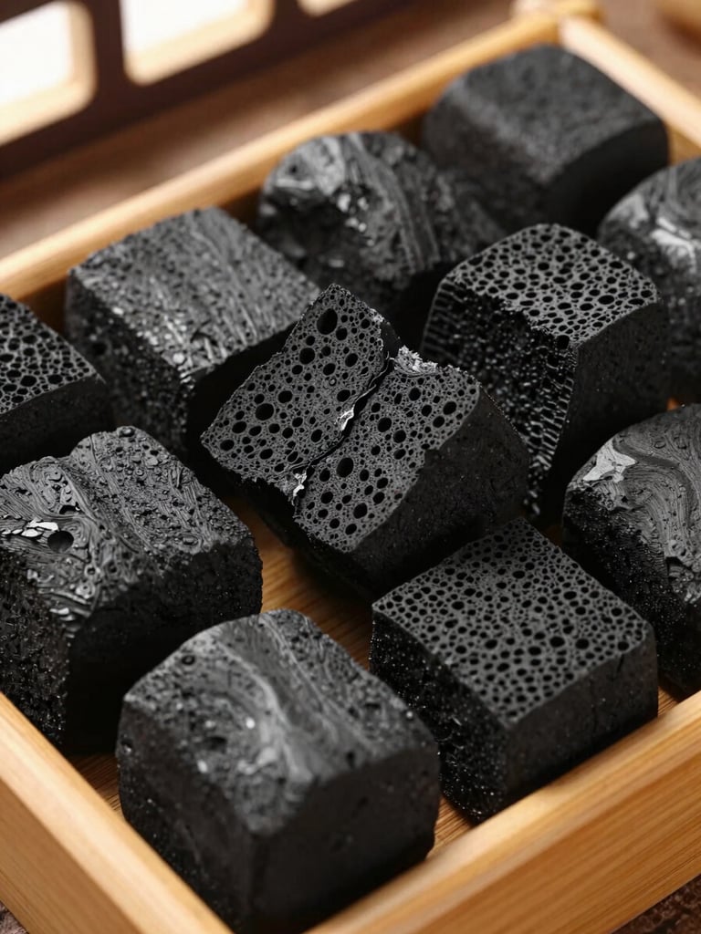 Close-up overhead view of bamboo charcoal lumps in a shallow wooden tray, matte black surfaces showing dense cross-section pores, natural daylight from a high window, a few pieces split open to reveal interior texture, warm amber tones on the tray edges