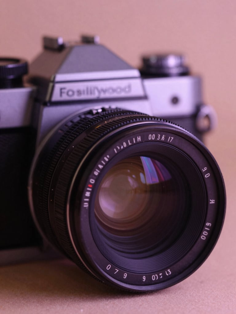 A close-up, soft-focus shot of a vintage film camera lens, cinematic lighting, a hint of blush fabric in the background, warm editorial photography, 35mm film.