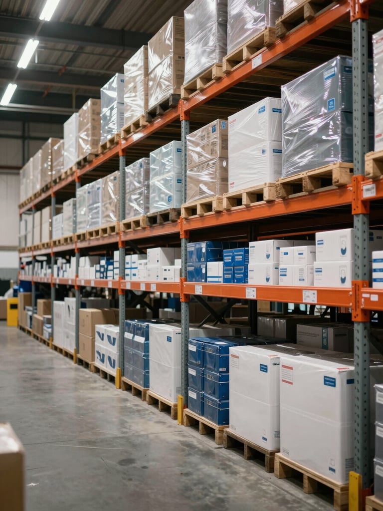 Wide shot of a warehouse shelf lined with boxed industrial products in neat rows, overhead fluorescent lighting casting even illumination, neutral concrete floor visible below, no people, clean and orderly