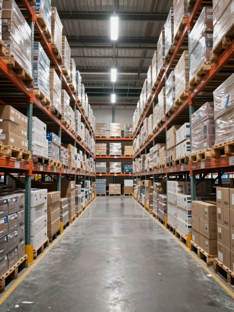 Wide shot of a distribution warehouse interior, pallets of boxed goods stacked on metal racking receding into the distance, overhead industrial lighting, no workers, emphasizing scale and organized inventory