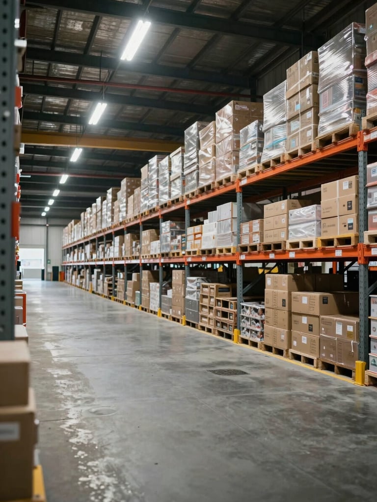 Wide panoramic view of a large industrial warehouse interior, rows of steel shelving stacked with boxed goods receding into the distance, overhead fluorescent lighting, concrete floor, no people, left edge of frame open