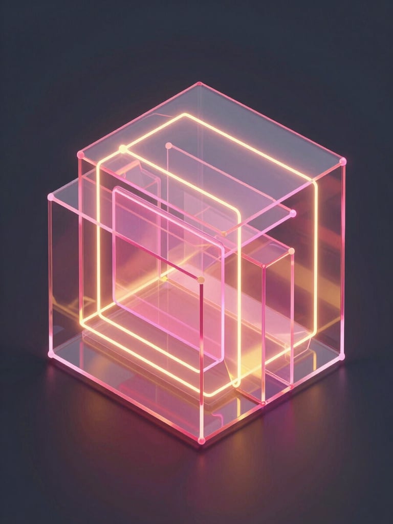 Abstract 3D render of layered glowing glassmorphic architectural plates, neon pink and yellow light paths connecting nodes, deep graphite background, octane render