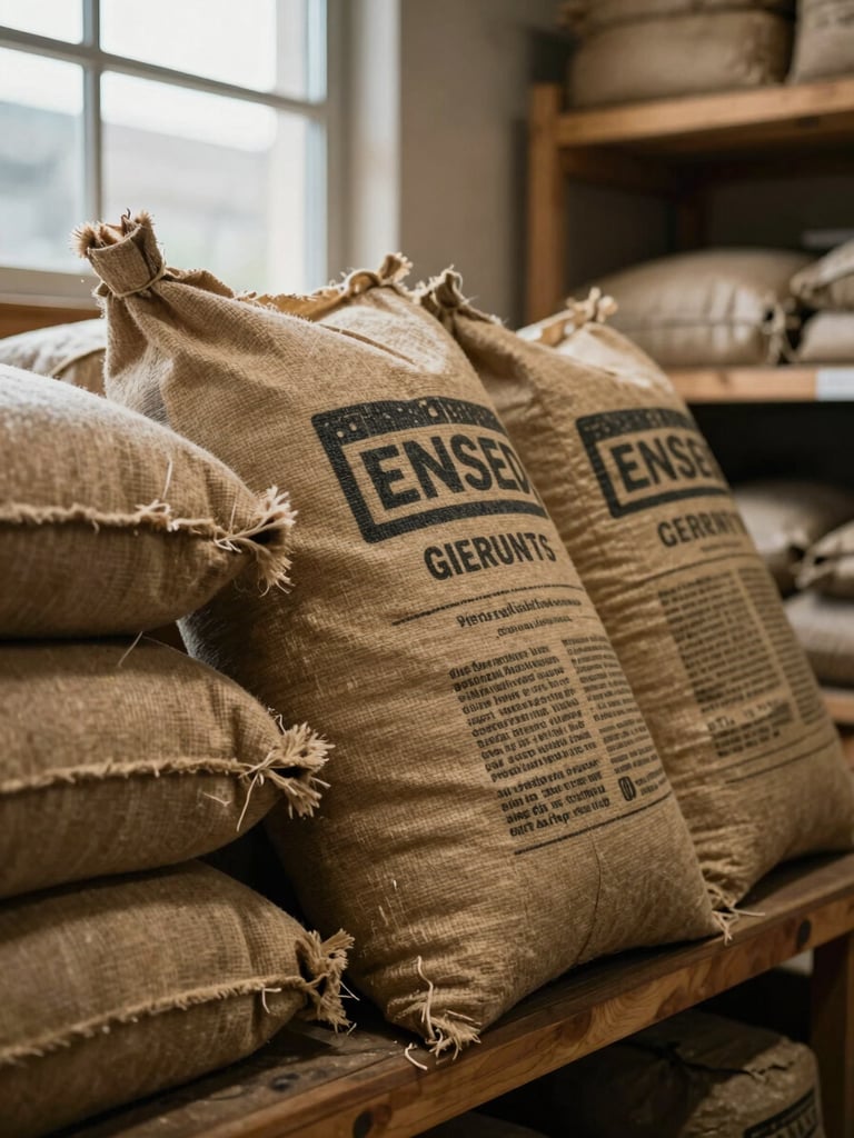Close-up of stacked fertilizer sacks leaning against a wooden shelf in a dim store interior, soft north-facing window light picking out printed label text and woven jute texture, shot from a low angle