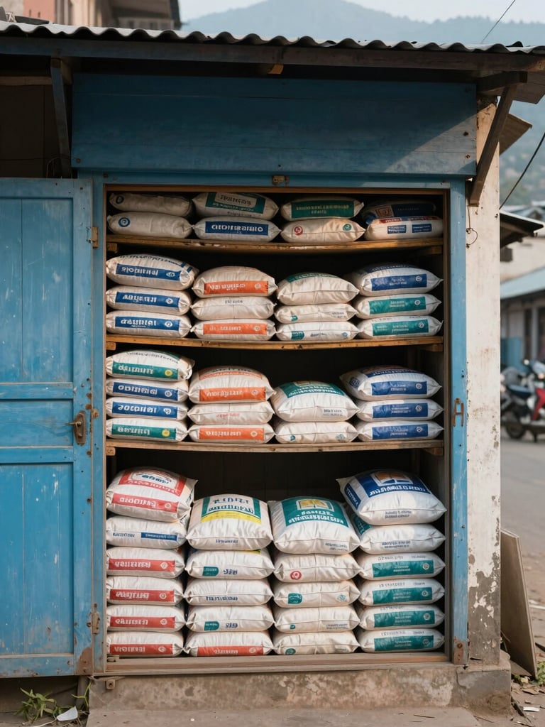 Close-up view from street level of a modest agricultural supply shop front in Narkanda, Himachal Pradesh — shelves of labelled fertilizer sacks visible through the open shutter, soft morning daylight, mountain town in the background, no people
