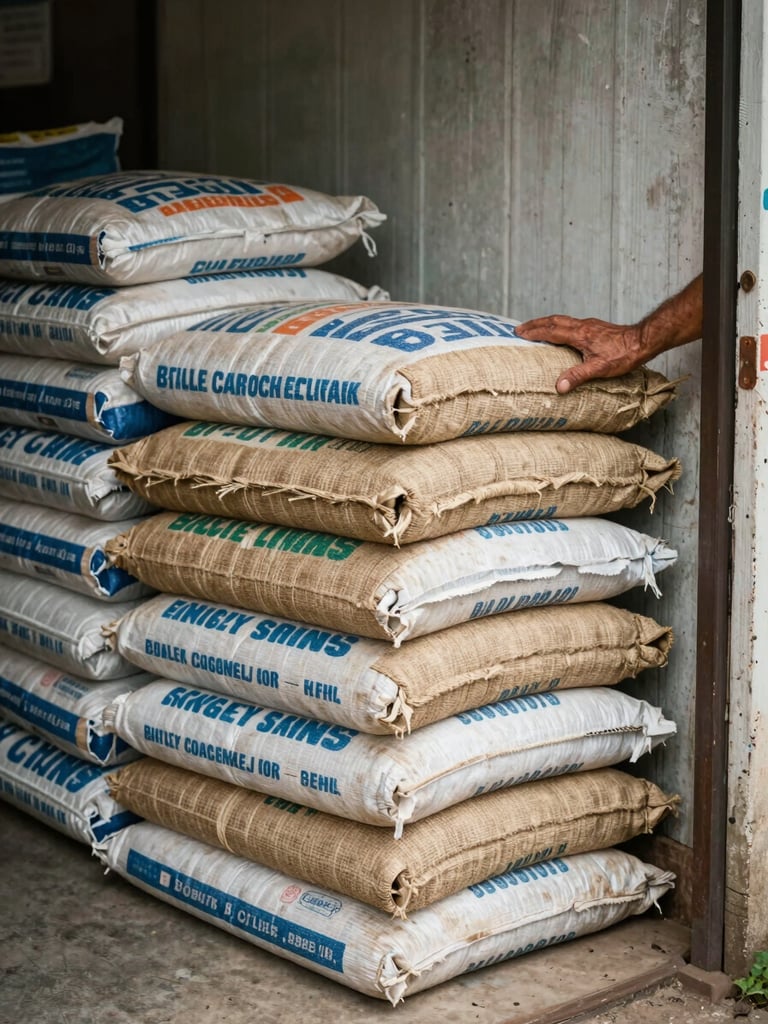 Close-up view from a shop porch, stacks of fertilizer sacks in jute and woven polypropylene leaning against a weathered wall, soft north-facing daylight falling across the labels and textures, product names partially visible, a pair of worn hands resting on the topmost sack