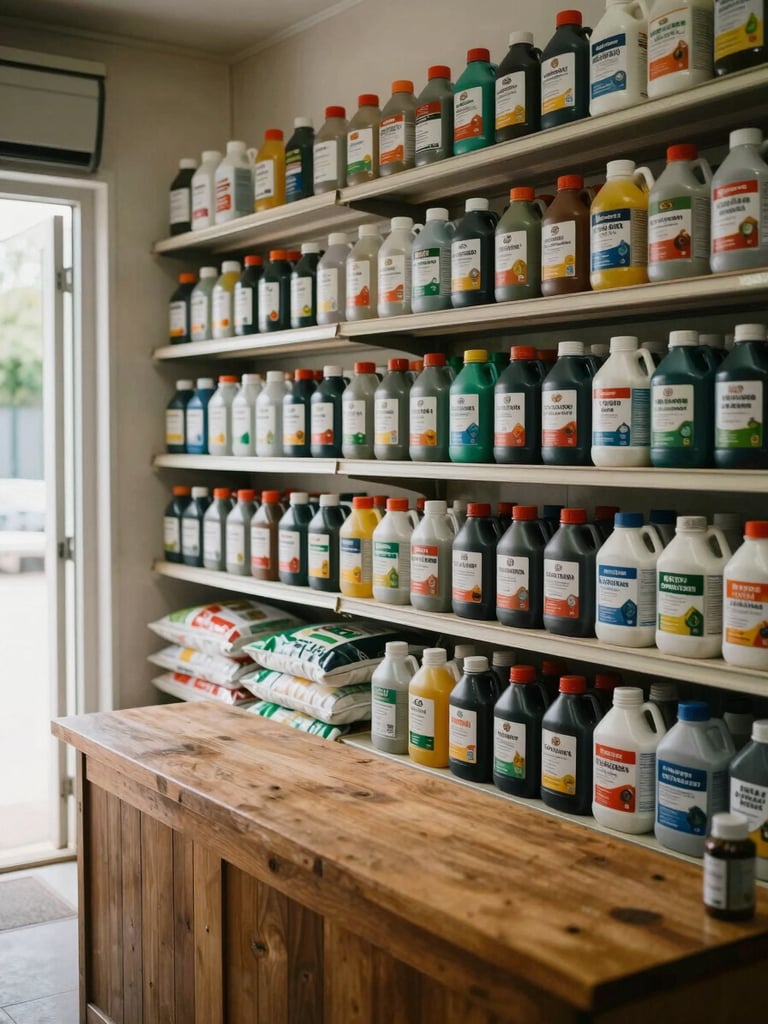 Interior shelves of a small agricultural supply shop, rows of labelled pesticide and fertilizer bottles neatly arranged, natural daylight from a doorway on the left, a wooden counter in the foreground with a few product sacks stacked behind it