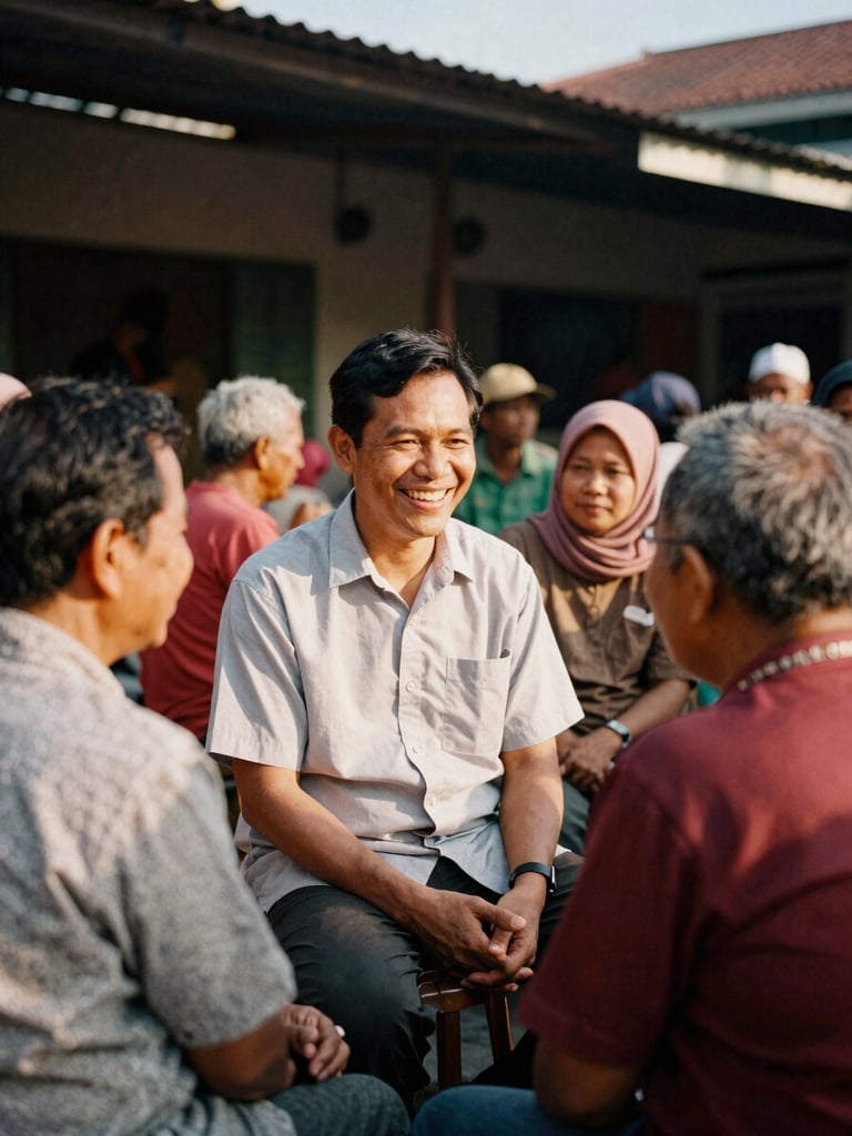 A medium environmental portrait of a candidate engaging naturally with local residents at an outdoor kopitiam in Negeri Sembilan. Warm golden-hour daylight illuminates the scene, catching candid smiles and authentic community interactions. Rich tones, 35mm film look.