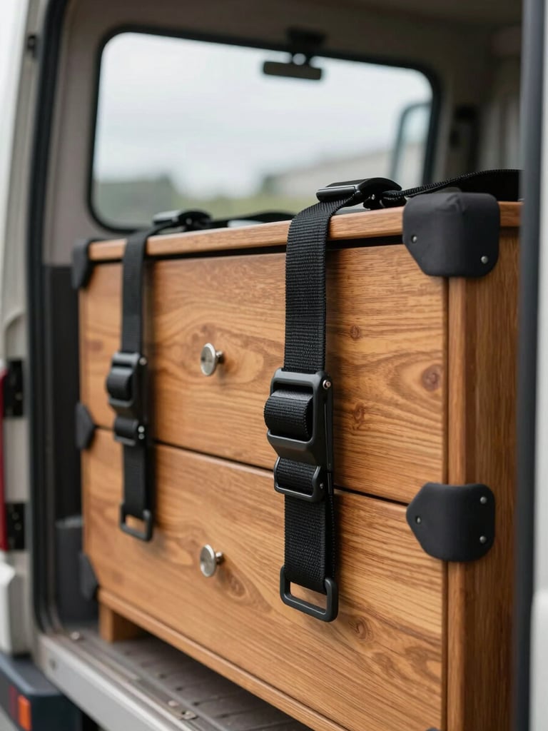Close-up of heavy-duty moving straps and padded corner protectors securing a wooden dresser inside a truck, natural overcast daylight through open truck doors, sharp focus on the tie-down hardware