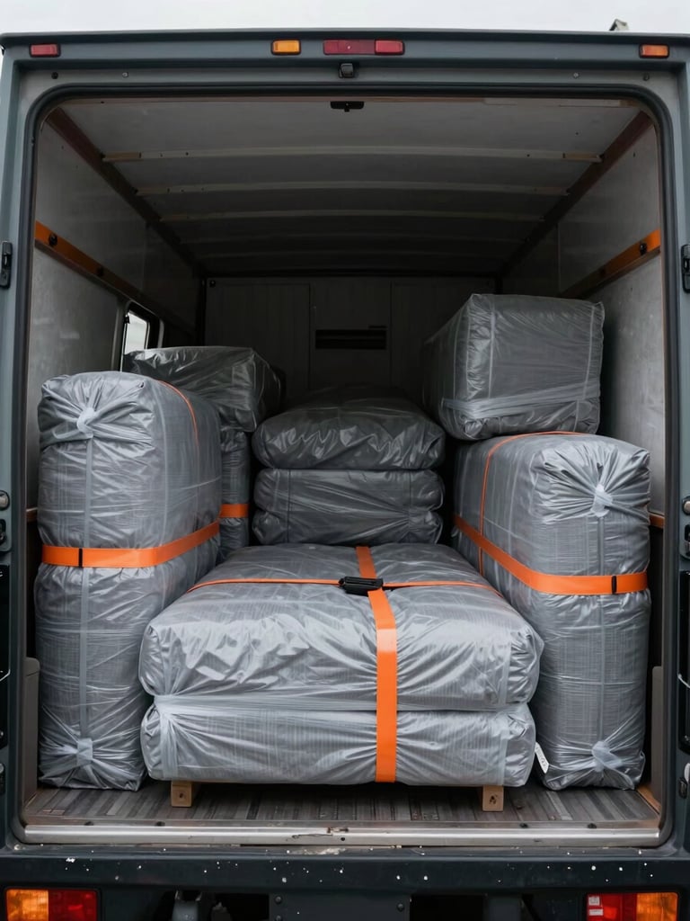 Wide interior of a moving truck mid-load, furniture wrapped in grey moving blankets and secured with orange ratchet straps, even overcast daylight through rear doors, organized cargo filling the frame edge to edge