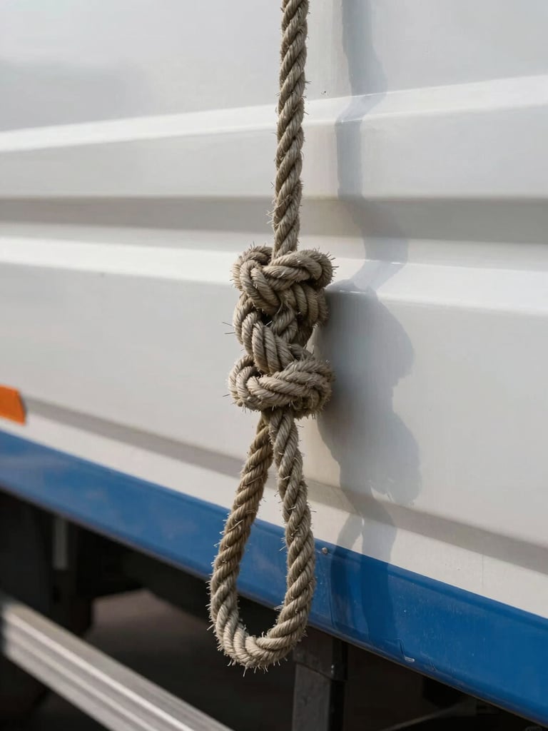 Close-up of heavy-duty rope knots securing cargo against padded truck wall, natural diffused daylight, frayed rope texture and blue moving pad edge visible in sharp detail