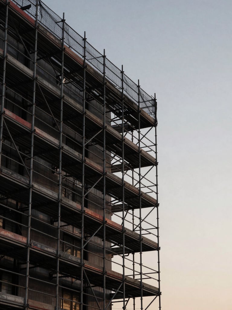 Wide shot of a completed scaffolding structure alongside a building facade at dusk, steel tubes and safety netting in sharp silhouette against a pale grey sky, no people, industrial documentary framing