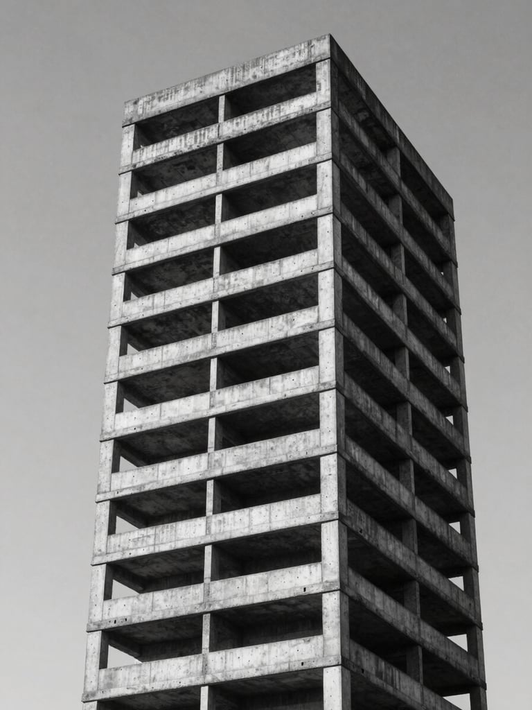 Extreme wide environmental shot of a brutalist concrete tower against a flat overcast sky, sharp geometric shadows, high contrast monochrome.