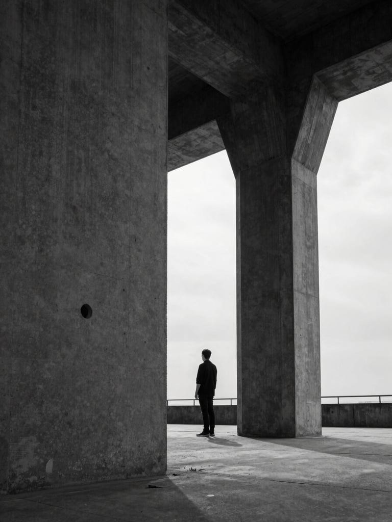 Extreme wide environmental framing, a figure standing near a concrete brutalist pillar under overcast daylight, deep shadows, monochrome.