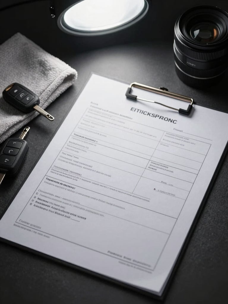 Overhead close-up of a printed vehicle inspection report on a dark matte surface beside car keys and a folded microfiber cloth, cool studio light from above, minimal composition, sharp focus on the document
