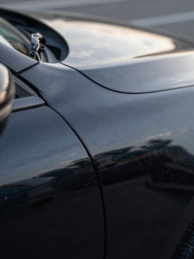 Extreme close-up of a freshly polished deep black car panel, soft north-facing studio light raking across the surface, fine reflection lines visible in the wet lacquer, no background distractions, texture-forward composition