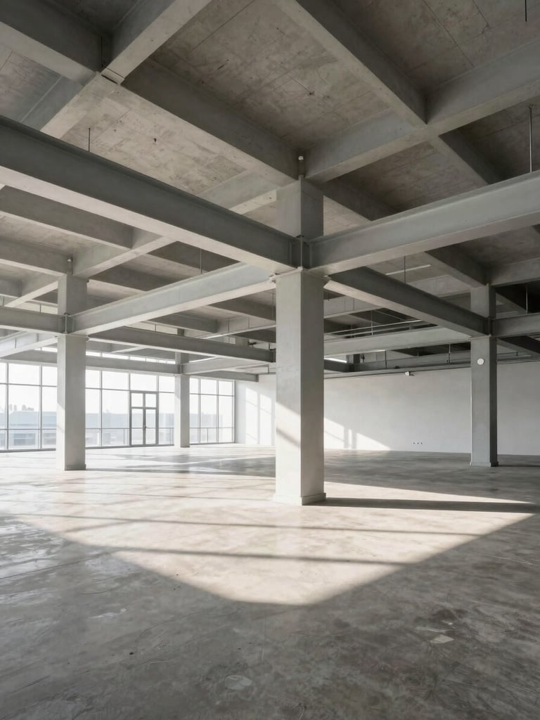 Wide-angle view of a modern commercial interior with exposed structural steel beams and concrete flooring, bathed in high-contrast morning light, clean geometric lines