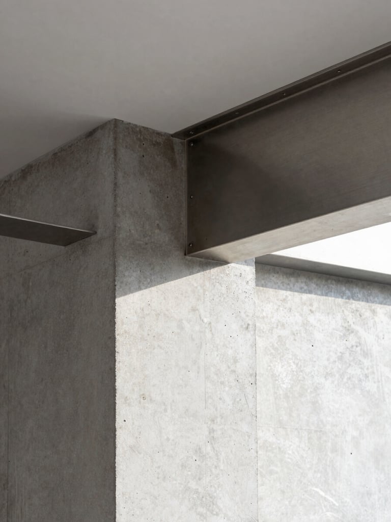 Close-up of a meticulously crafted raw material junction in a luxury residential interior, showing poured concrete meeting brushed steel under sharp, natural light, emphasizing texture and precision