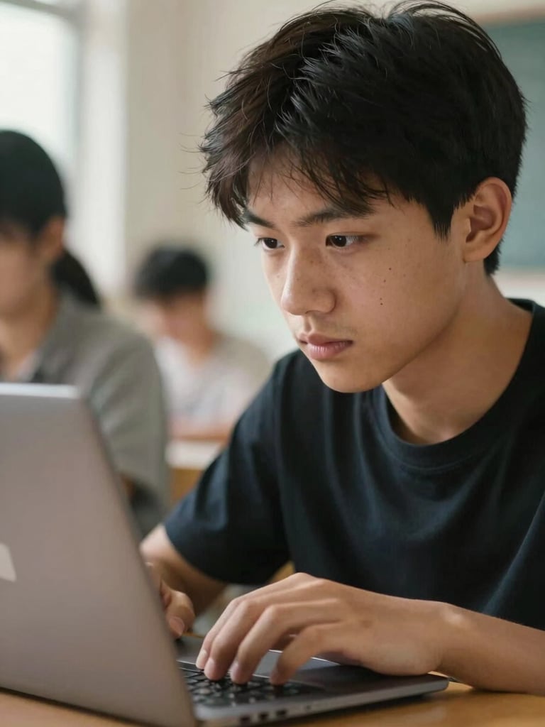 A close-up portrait of a young student-athlete focused on a laptop screen during a tutoring session, warm natural light highlighting their determination, clean indoor classroom background.