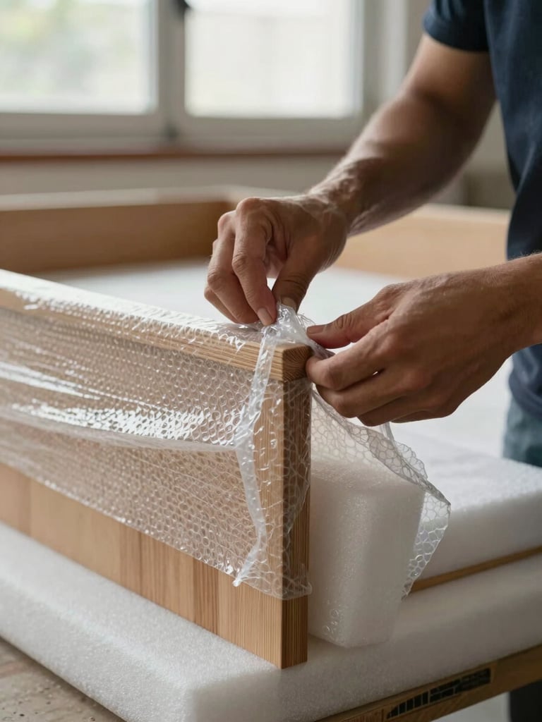 Close-up of trained hands wrapping the corner of a wooden furniture piece in thick bubble wrap, natural daylight from a loading bay window, foam padding visible beneath, methodical and unhurried