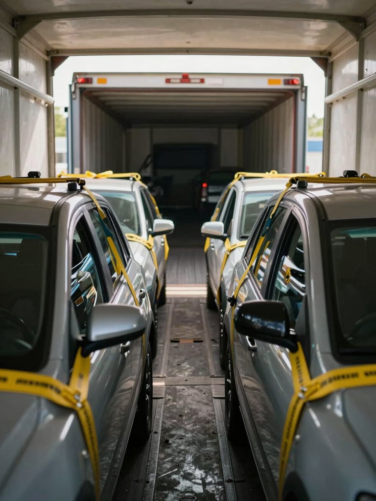 Close-up interior of an enclosed car carrier truck, two vehicles strapped in organised rows with yellow tie-down belts, natural daylight entering from the rear ramp, concrete loading bay visible beyond, calm and methodical atmosphere
