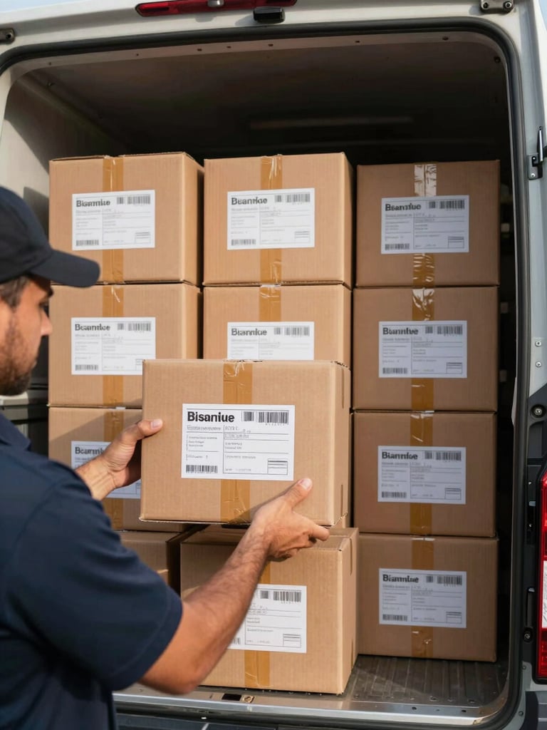 Close-up medium shot of a crew member's hands securing a labelled office carton inside a modern truck interior, cartons stacked in organized rows behind, natural daylight entering from the truck's open rear, amber-toned shadows, no people's faces visible