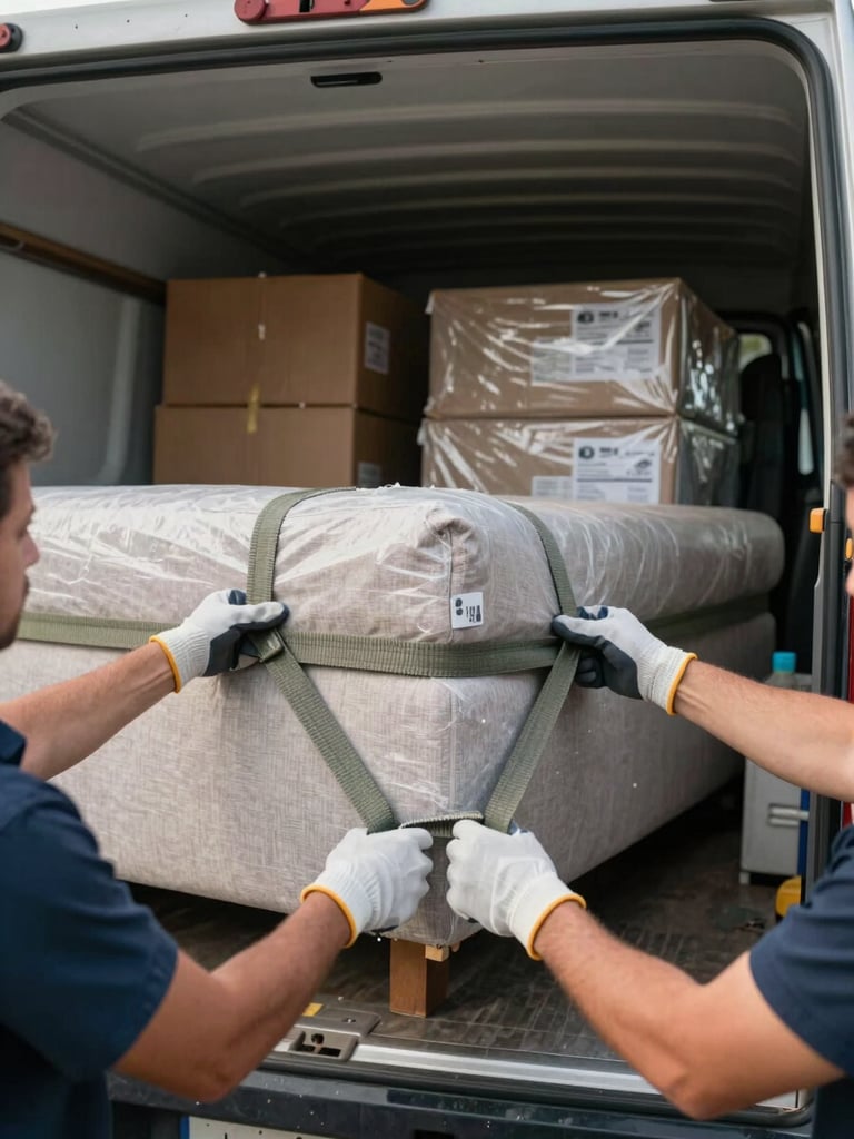 Overhead close-up framing inside a moving truck, two workers' hands in work gloves strapping a wrapped sofa corner with ratchet belts, stacked sealed cartons labeled in background, natural daylight from open truck doors, organized cargo arrangement visible, competent-and-calm mood