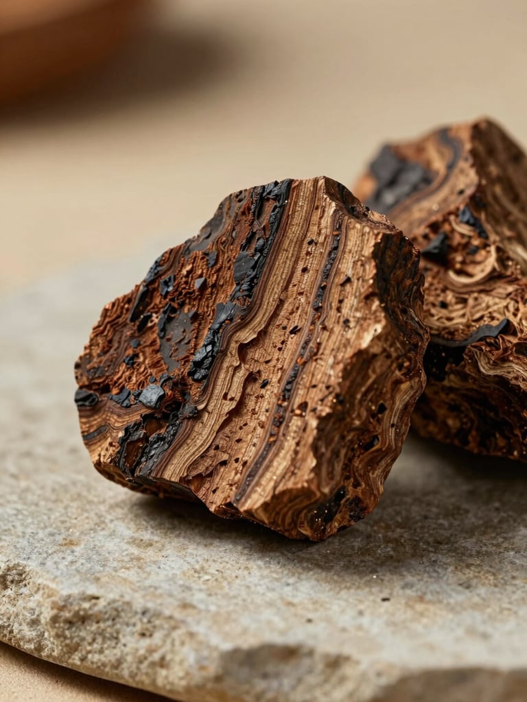 Close macro study of raw agarwood resin pieces on a flat stone surface, natural studio daylight from the left, deep grain texture and dark resinous veins visible, neutral warm background, documentary product photography